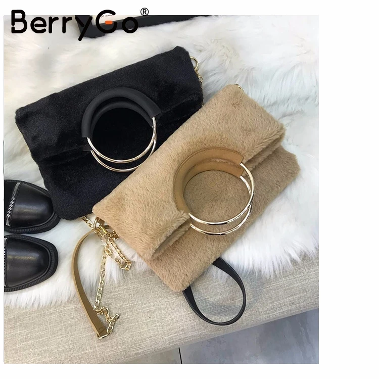 BerryGo, элегантная меховая одноцветная сумка для женщин, уличная Осенняя женская сумка на плечо, модная сумка на молнии с цепочкой, Офисная Женская сумка-мессенджер