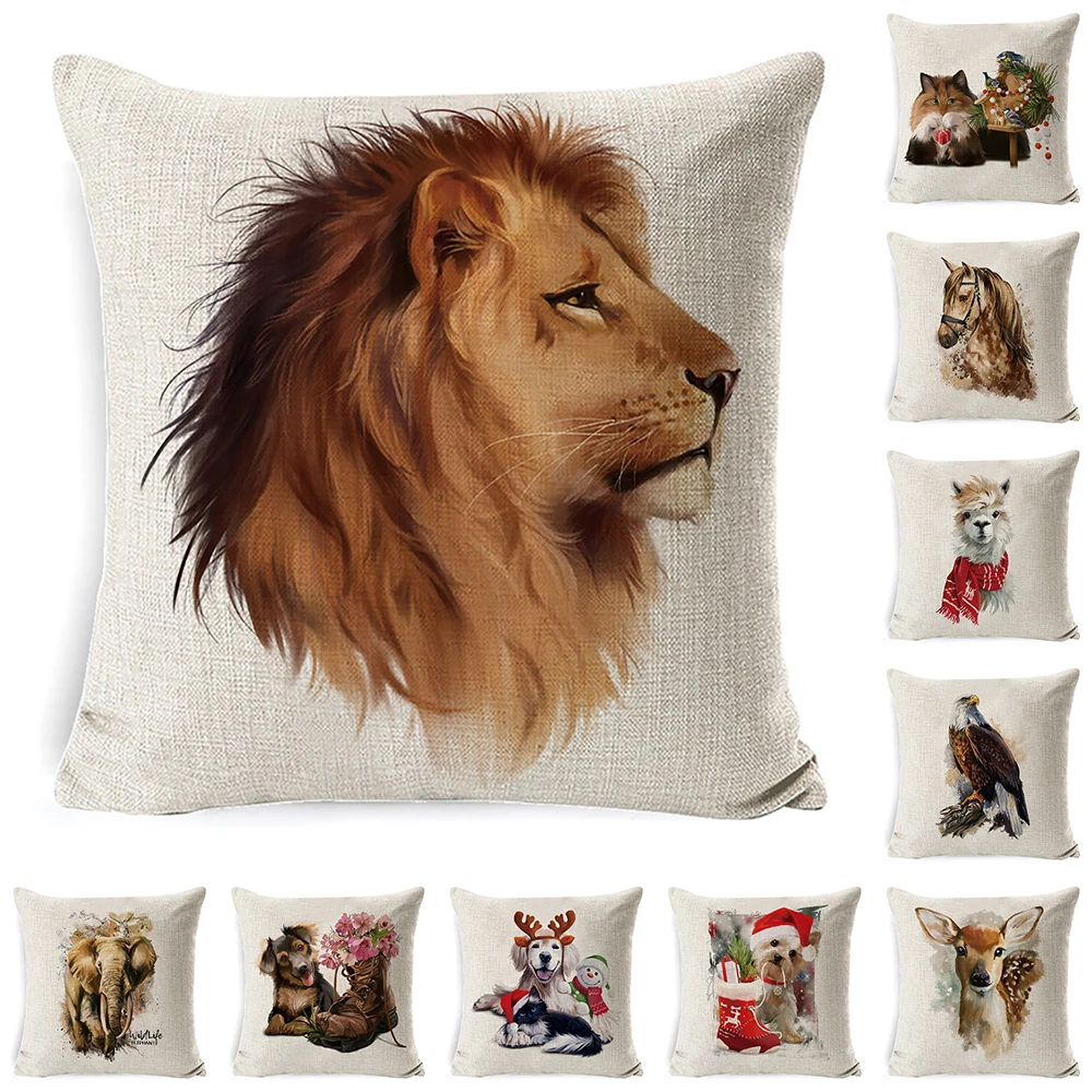 

Animals Dog Cat Lion Tiger Wolf Cushion Cover Pillow Case Cotton Linen Throw Pillows Cushions For Home Decor 45x45cm Car Gift