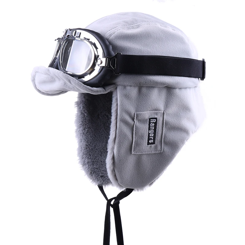 Зимняя куртка-бомбер Шапки Плюшевые Earflap русская ушанка с очки для мужчин женщин's Траппер Авиатор шлем летчика Искусственная кожа меха зимние шапки - Цвет: Grey-Clear Goggles