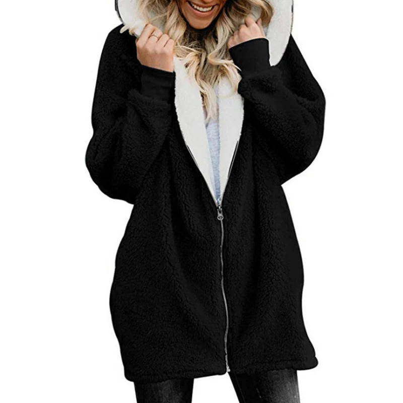 Женские толстовки на молнии Осенняя свободная толстовка с капюшоном для девочек теплая верхняя одежда пальто милые свитера большого размера 5XL - Цвет: Black