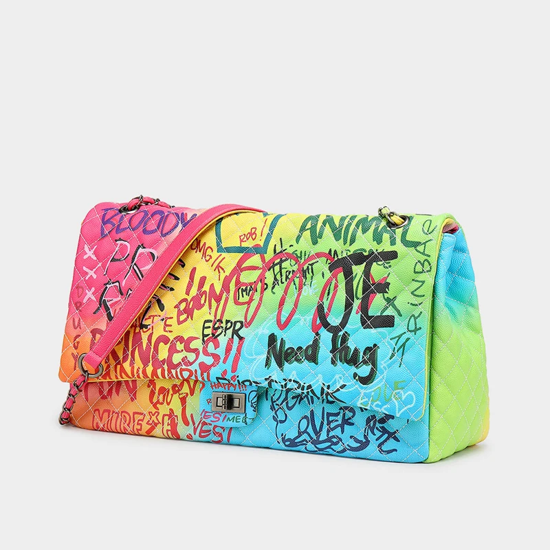 

The New Women Bag 2020 New Color Graffiti Printed Shoulder Big Bags Fashion Large Travel Bags Women Brand Luxury Chain Handbags