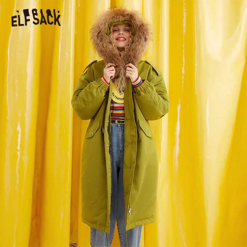 ELFSACK однотонное пуховое пальто с принтом Betty на завязках для женщин зимние свободные женские куртки с меховым воротником в стиле бойфренда
