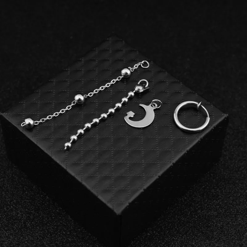 Idol Korean Boys Stainless Steel Punk Stud Earrings Moon Star Long Chain Pendant Women Men Rock Hip Hop Hipster Grunge Ear Clip stud earrings chain ear clips pendant earrings long earrings