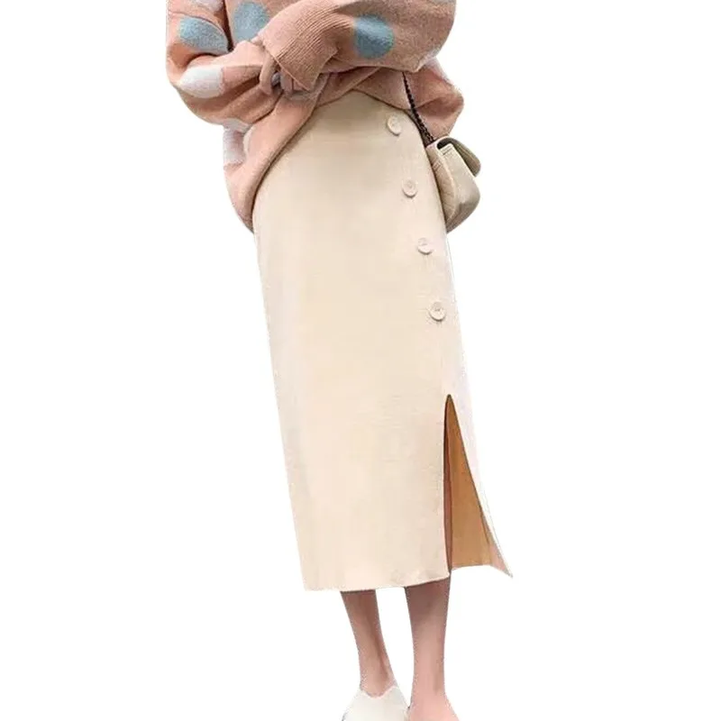 Бежевый Women Sexy High Waist Skirt Casual Solid Color Split Skirt Female Fashion Button Straight Long Skirts faldas mujer moda - Цвет: Бежевый