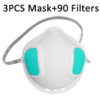 

3pcs Safety Protective Mask +90 Replaceable filters Breathable Anti Air pollution Dust PM2.5 Non-disposable Face Masks for Mouth