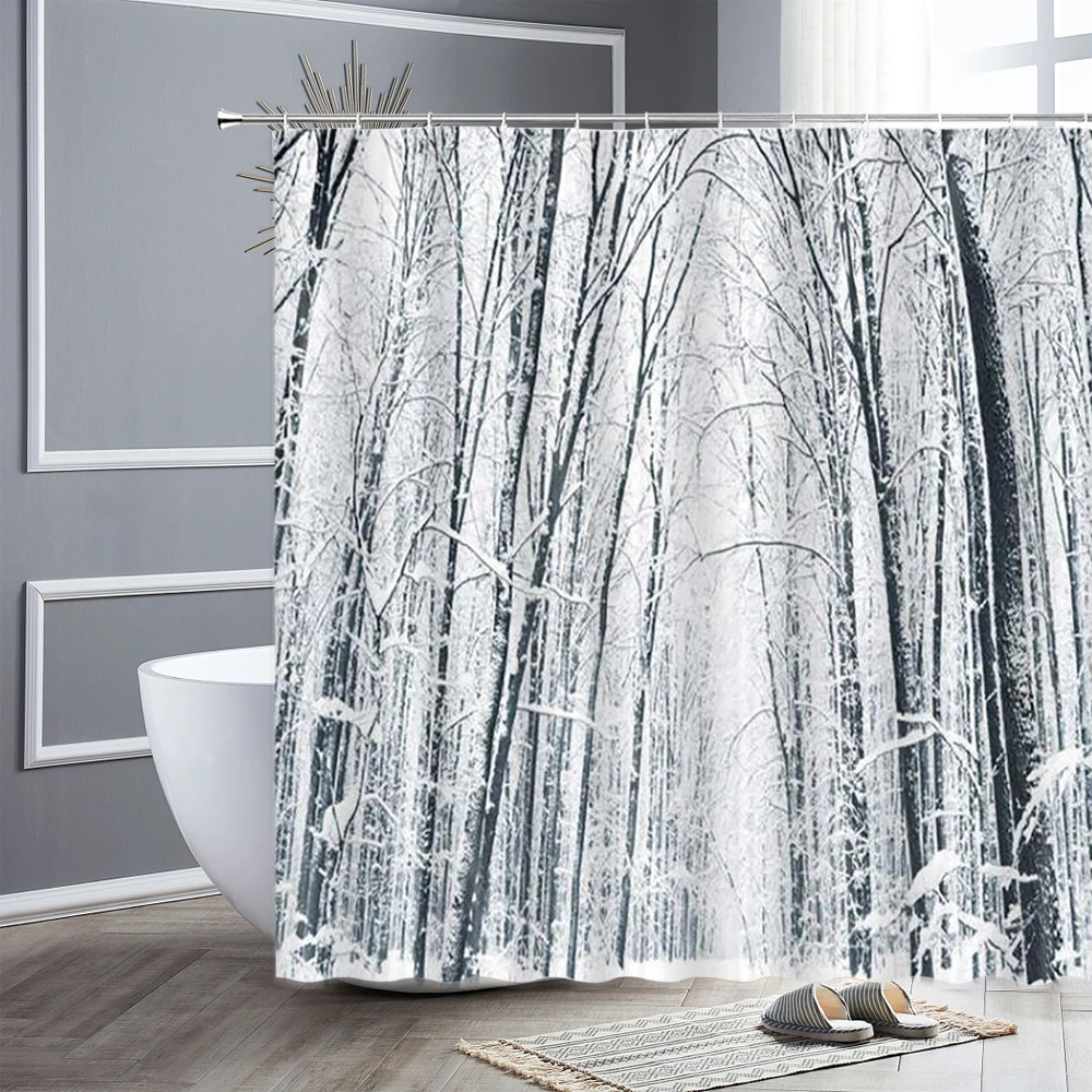 Snow Scene Shower Curtains Winter Cedar Snowman Forest Scenery Bath