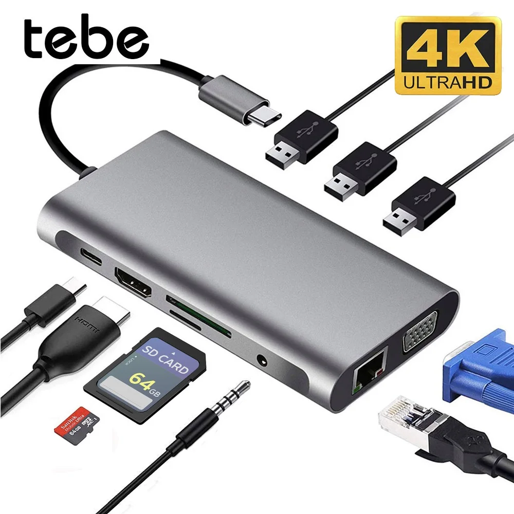 Tebe USB C концентратор к HDMI док-станция 10 в 1 Thunderbolt 3 type C адаптер USB 3,0 порт 4K HDMI VGA RJ45 Gigabit Ethernet для Macbook Pro