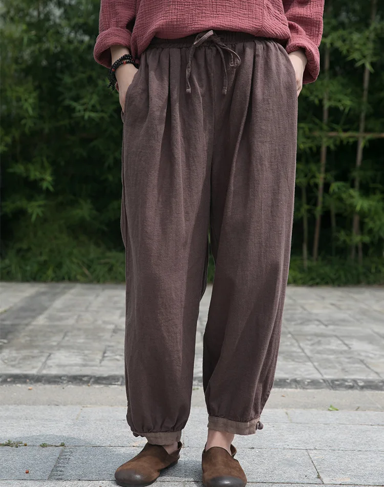 

Women Vintage Cotton Linen Solid high Waist Wide Leg Pants Ladies Casual Loose Elastic Waist Sashes Ankle-Length Long Trousers