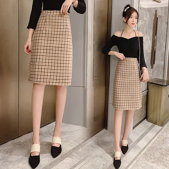 

Autumn And Winter New Style High-waisted Woolen Plaid Skirt Women's Skirt Mid-length Retro Skirt