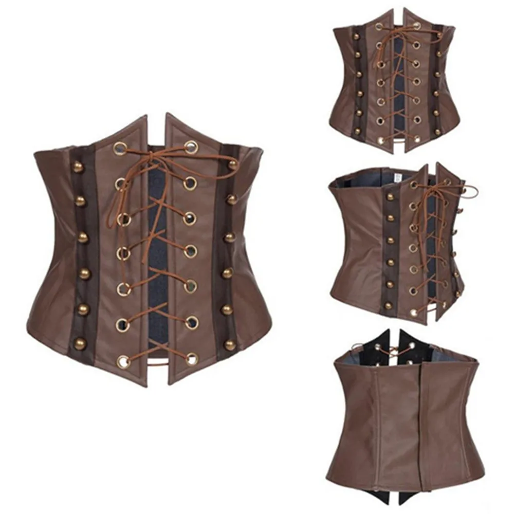 Модный женский сексуальный Коричневый корсет из искусственной кожи на шнуровке