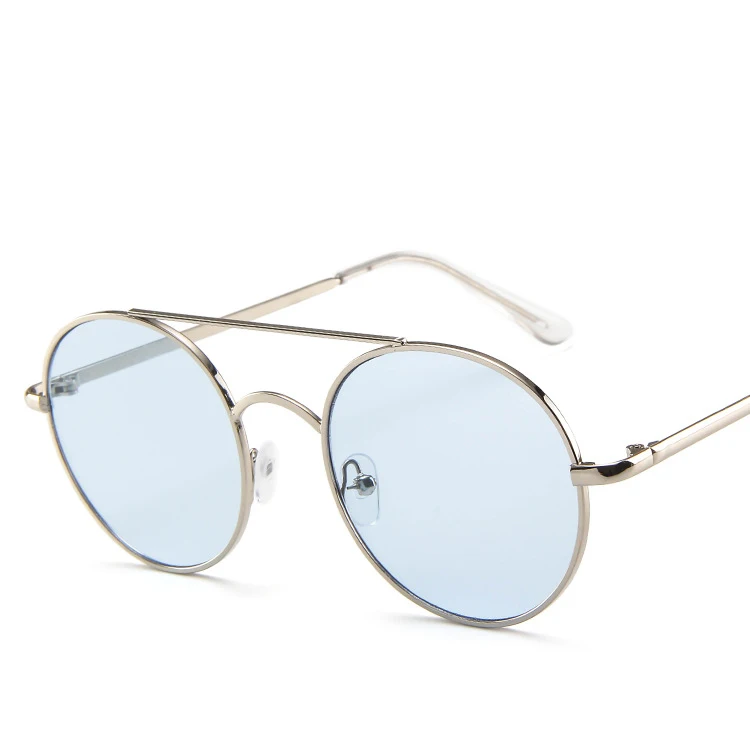 RBRARE Metal Round Frame Sunglasses Women Trend Retro Double Beam Sun Glasses Vintage Luxury Pink Ocean Lens Eyeglasses - Цвет линз: SilverBlue