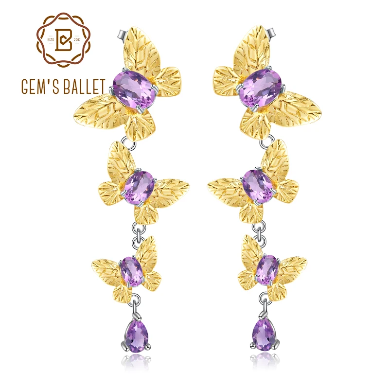 

GEM'S BALLET 925 Sterling Silver Butterfly Drop Earrings 4.84Ct Natural Amethyst Gemstone Earrings for Women Wedding Jewelry