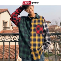 LAPPSTER mężczyźni ponadgabarytowa bawełniana w kratę koszula 2020 mężczyzna Hip Hop Patchwork zapinana z długim rękawem koszula para koreański odzież w stylu Harajuku 4