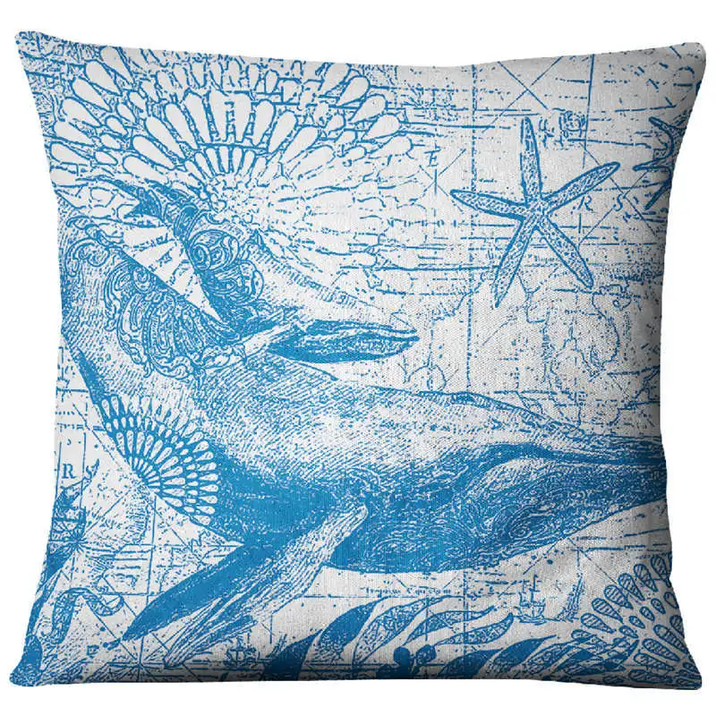 Односторонняя льняная декоративная синяя Подушка с видом моря, чехол для подушки с морскими животными и океаном, чехол для дивана, стула, автомобиля, дивана