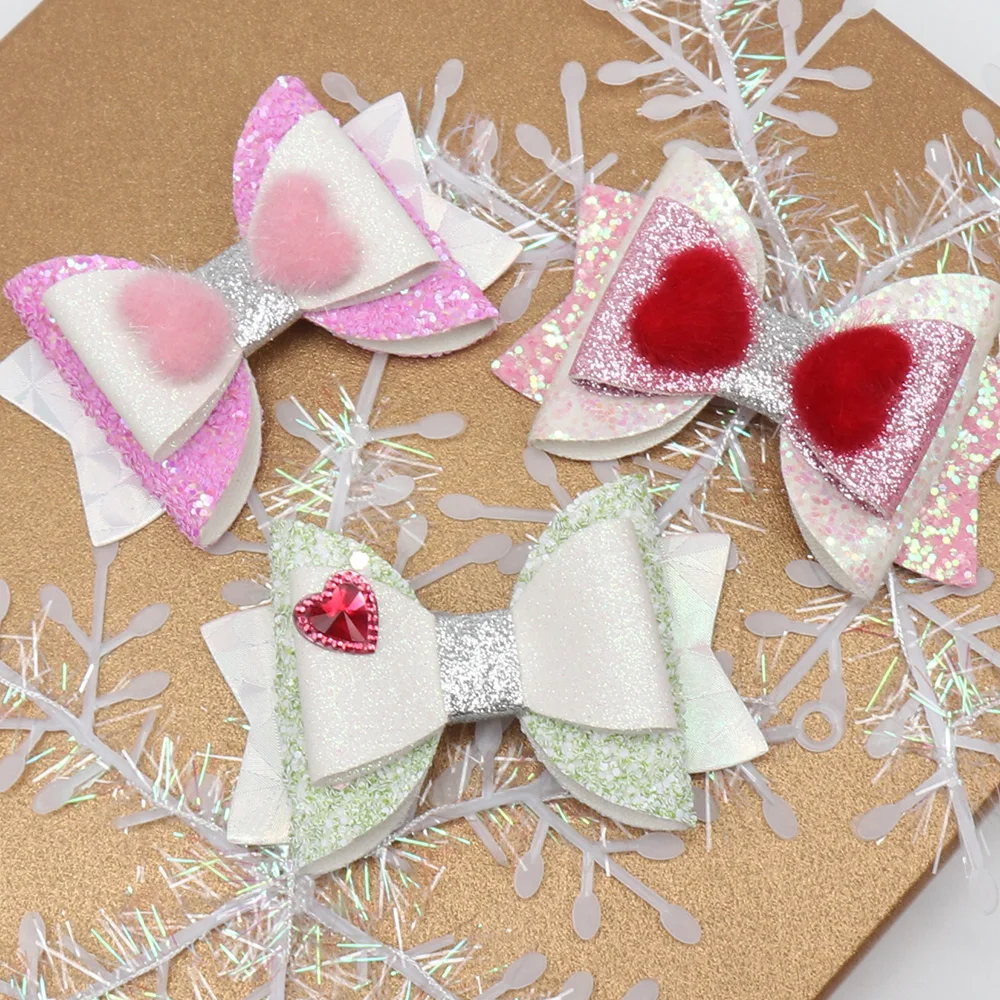 

2Pcs/Lot 3" Hair Clip for Girls Sparkly Glitter Hair Bows with Heart Pompom Red Crystal Hairpin Valentine's Day Hair Accessories