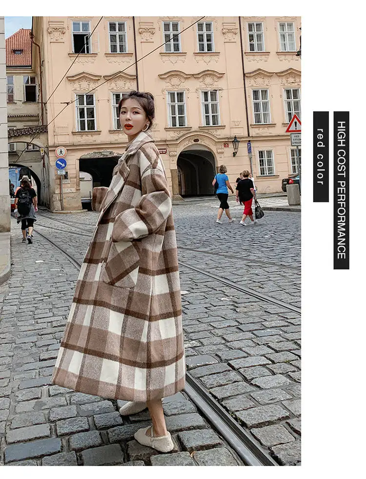 Heydress, зимнее женское плотное теплое шерстяное пальто в клетку, Женское пальто с отложным воротником и карманами, Женская двубортная верхняя одежда