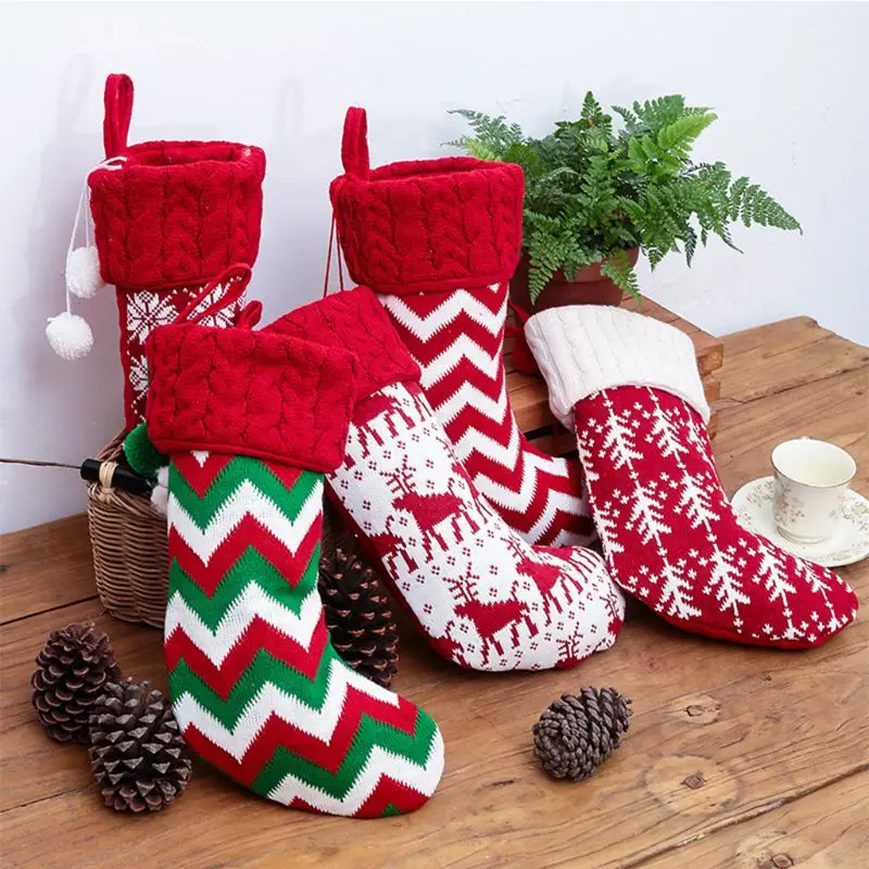

Knitted Christmas Stockings Xmas Tree Hanging Candy Gift Bag Festival Holiday Decor Ornaments