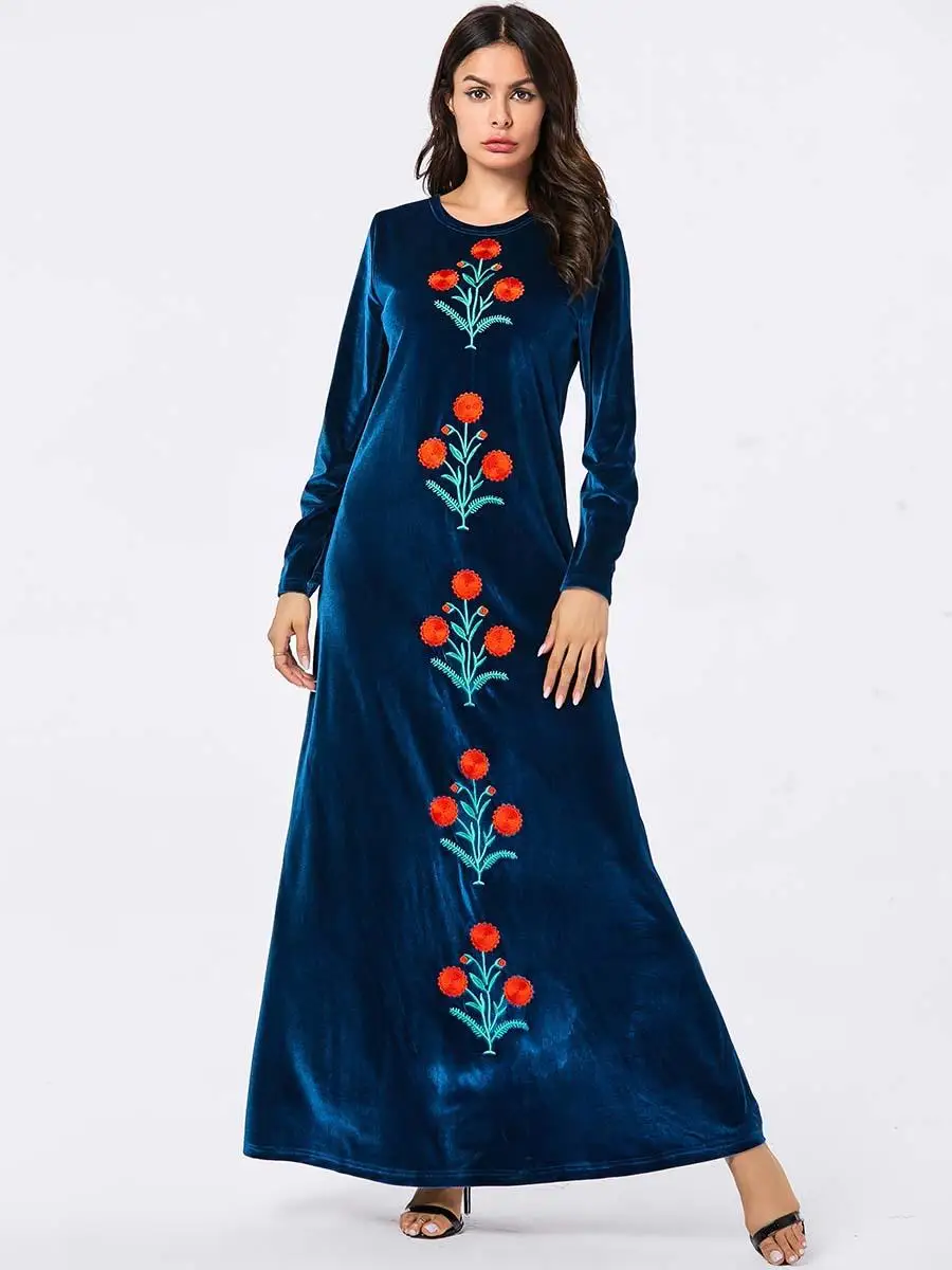 Abayas женское бархатное платье мусульманский Кафтан Дубай Халат длинный рукав вышивка свободный исламский джильбаб Vestidos Одежда Плюс Размер