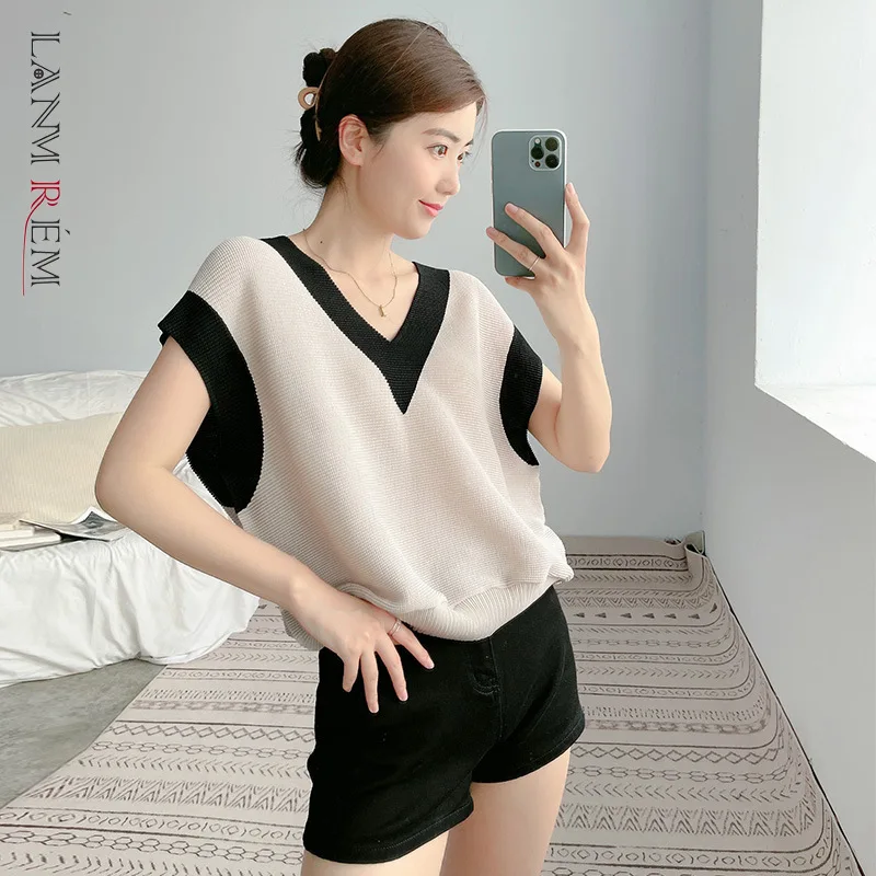 Женский плиссированный топ LANMREM свободный и тонкий пуловер с коротким рукавом