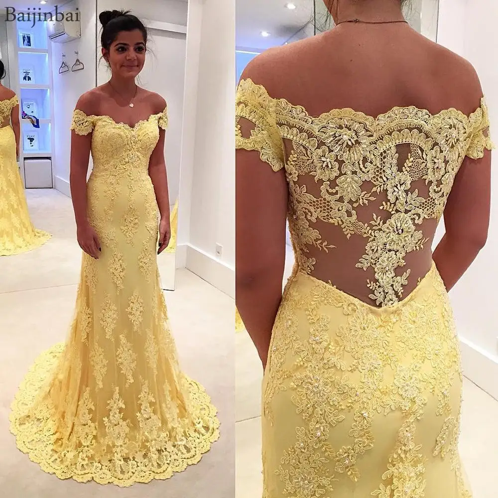 Baijinbai, кружевное платье русалки для выпускного вечера, Longo, желтое, Vestido Com Renda Trabalhada, женские вечерние платья с аппликацией, вечерние платья