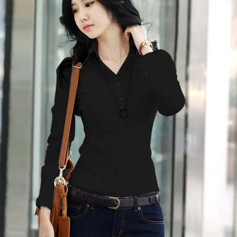 Black long sleeve Новая модная летняя качественная Женская Офисная формальная вечерняя блуза с длинным рукавом и тонким воротником, Повседневная однотонная белая рубашка, топы - Цвет: Black long sleeve
