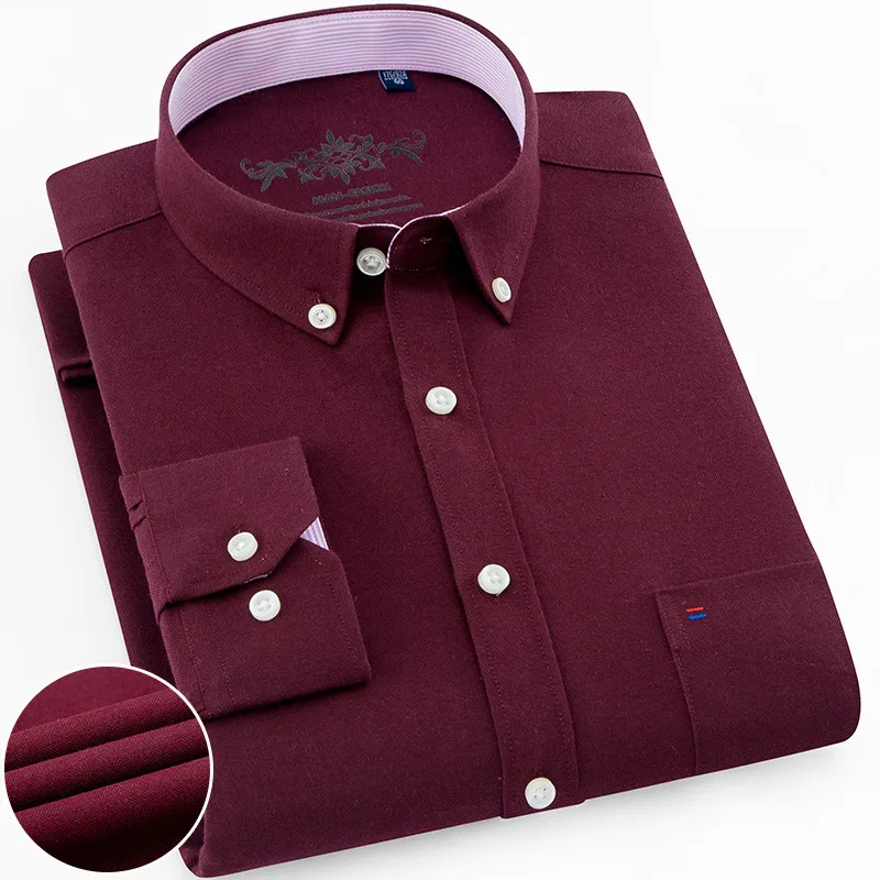 Camisa Social Masculina однотонная оксфордская модная красная Рабочая деловая повседневная мужская рубашка на пуговицах с левым карманом