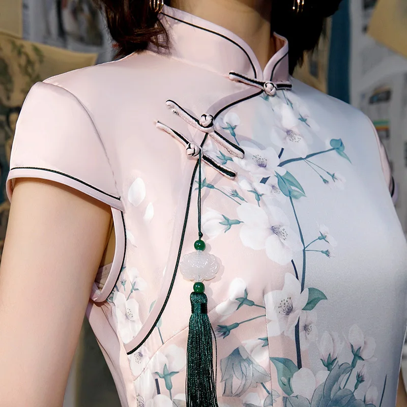 Весна, длинный рукав, новинка, cheongsam, подиум, шоу, синий и белый фарфор, длинный, тонкий, улучшенный, атласный, cheongsam qipao