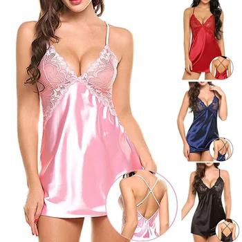 

Women Female Sleep Dress Silk Lingerie Floral Sleepwear Sling Nightdress XRQ88