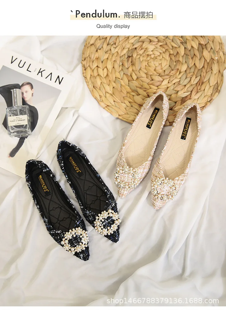 String bead round buckle flats ballet shoes women slip on shallow mouth moccasins pearl pointy toe mixed colors fabric ballerina