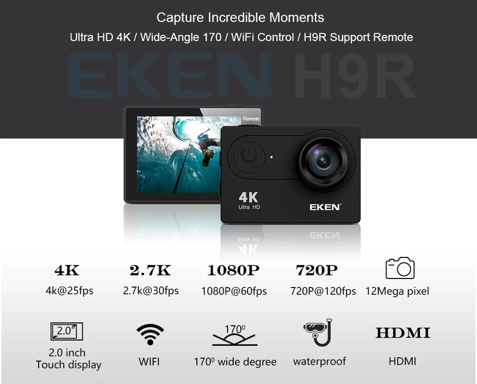 HIGH QUALITY New 2020 Fashion Designer Runway ?Free DHL EKEN H9 H9R Ultra FHD 4K 25FPS Wifi Action Camera waterproof 1080p 60fps underwater go Remote extreme pro sport cam