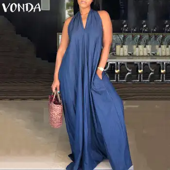 

VONDA Plus Size Demin Dress 2020 Women Summer Sundress Casual Loose Sexy Spaghetti Strap Maxi Long Dress Floor-Length Vestidos