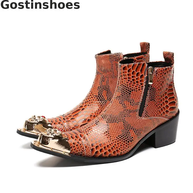 

Spring Autumn Genuine Leather Men Boots Orange Snake Skin Pattern Printed Side Zipper Metal Capped Toe Short Ankle Boots