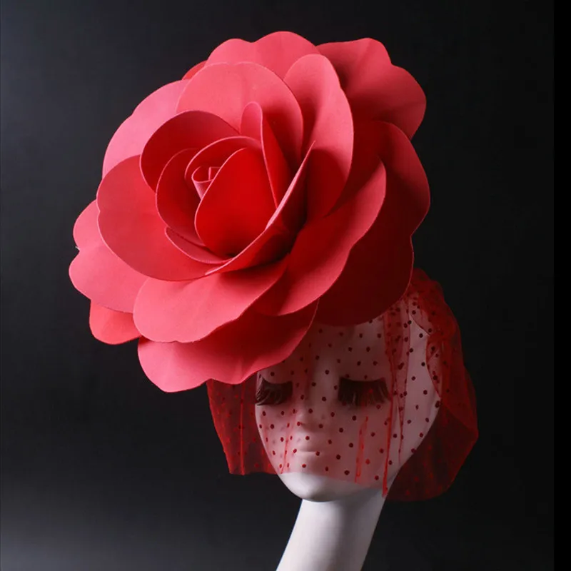 

Red Black Rose Big Flower Headdress Women Party Model Catwalk Stage Accessories Bar Nightclub Singer Dancer Performance Ornament