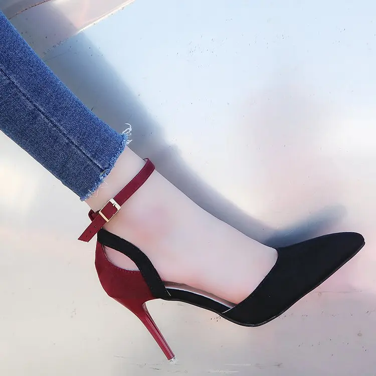 

2019 new pointed color matching suede sexy stiletto with a buckle with a single shoes female