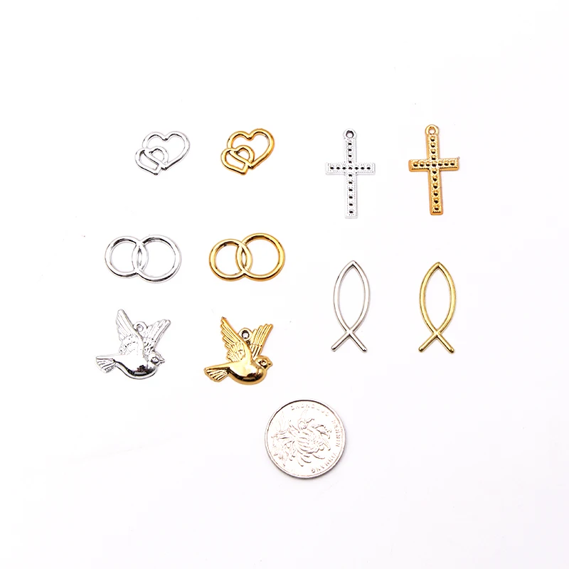 24 шт. серебряный золотой крест двойное сердце двойной круг голубь рыба сувениры