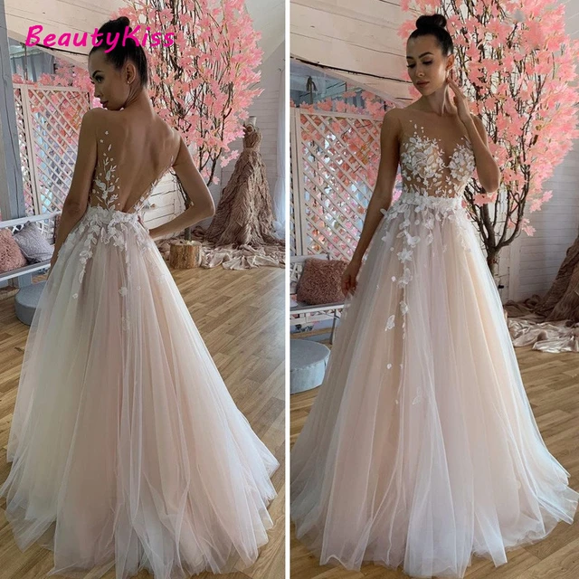 Boho Wedding Dress A-Line Deep V-Neck Sleeveless Lace Appliques