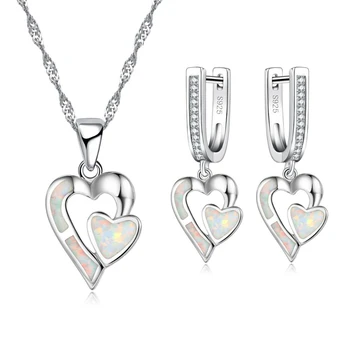 

Fashion Jewelry Set Luxury Romantic Double Heart Bride Wedding Jewelry Set Lady White Opal Necklace And Earring Sets