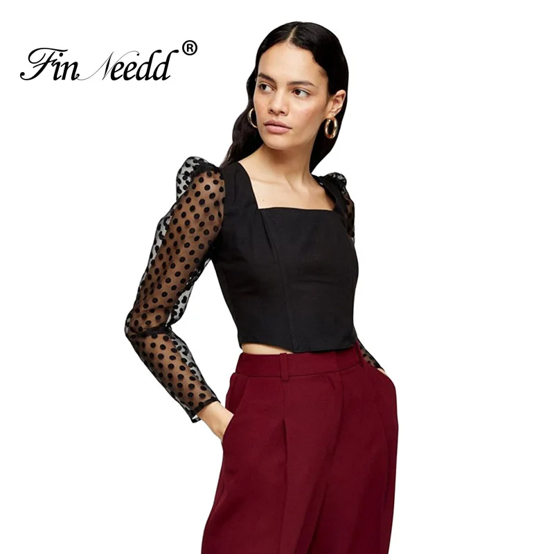 

2020 Fashion Spring New Transparent Top Female Black T-shirt Polka Dot Patchwork Backless Mesh Bodycon See-Through Top Nightclub