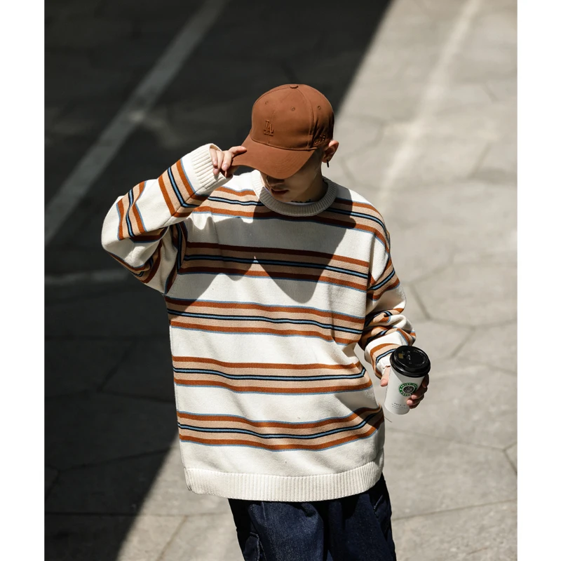 

CityBoy Japanese tide color matching striped loose sweater crew neck pullover sweater