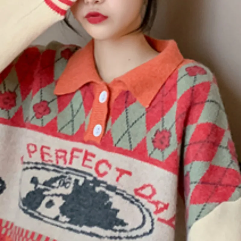 Neploe Loose Crazy Style Retro Knit Letter Print Sweater Turn Down Collar Long Sleeve Button Pullovers Autumn Winter Pull Femme