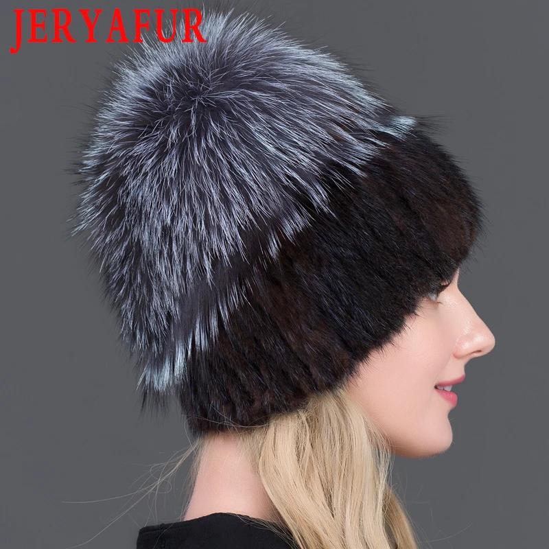 JERYAFUR женская меховая шапка зимняя из натуральной норки меховые шапочки с серебряным лисьим мехом помпоны Топ шапочки горячая Распродажа Россия меховая шапка