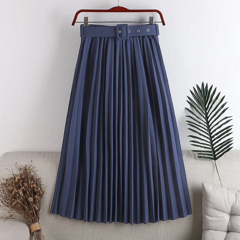 

2020 Thick Warm Women Pleated Skirts Autumn Winter Elastic High Waist Sashes Skirts A-Line Blet Midi Skirt Faldas Largas Mujer
