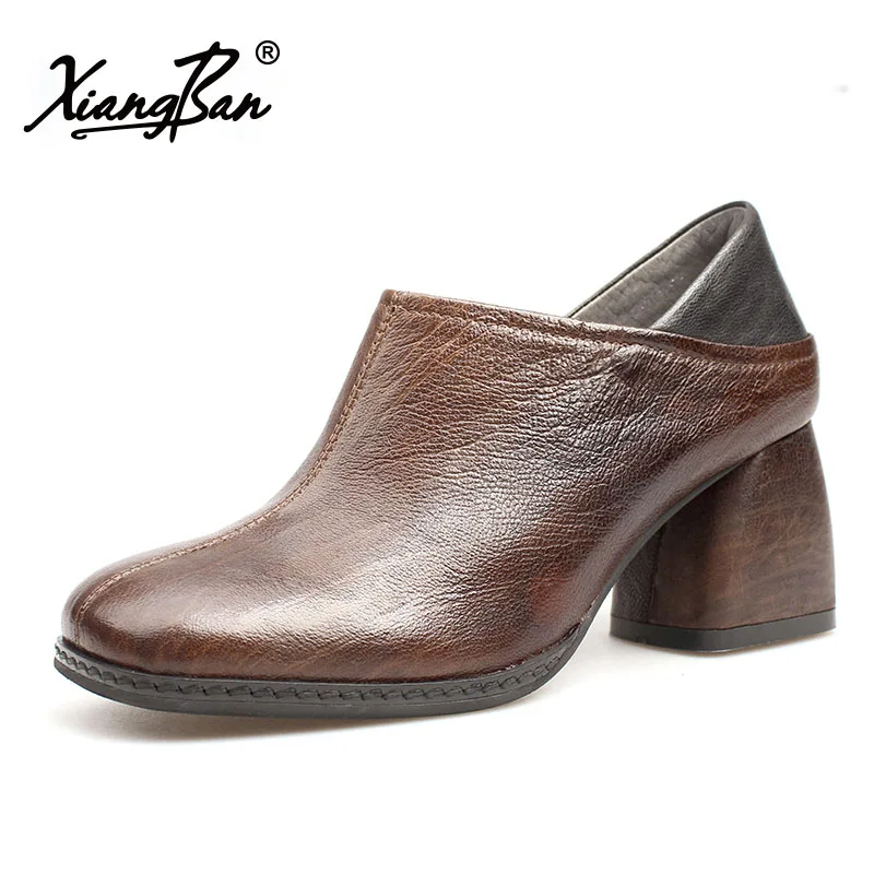 Xiangban/повседневные женские туфли с квадратным носком; оригинальные кожаные женские туфли на низком каблуке в национальном стиле; обувь ручной работы на шнуровке