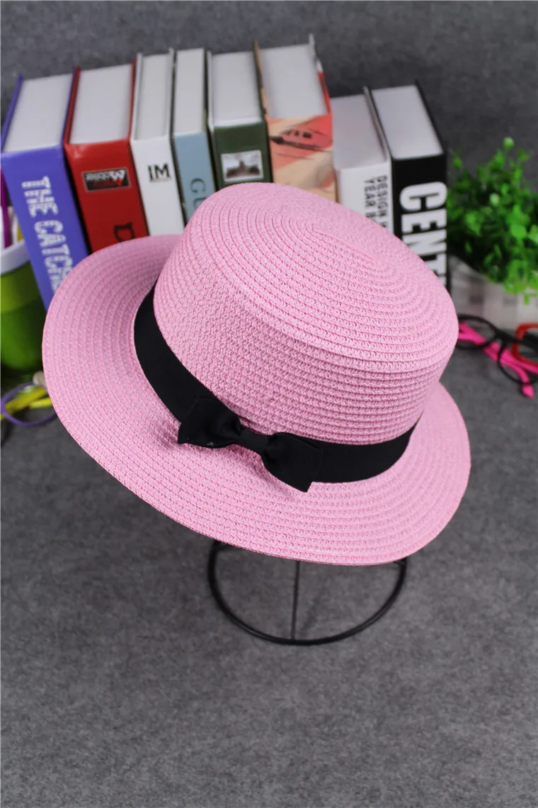 Simple Summer Adult Beach Sun Hat Female Casual Panama Hat Lady Brand Women Flat brim Bowknot Straw Cap Glris Sun Hat
