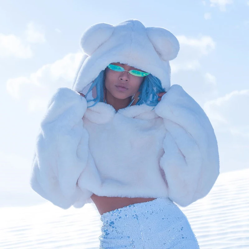 Tanie Darlingaga moda Faux futro zimowe bluzy kobiety Teddy Fuzzy sweter jednokolorowy ciepły śliczne Crop bluza z kapturem królik bluza ubrania