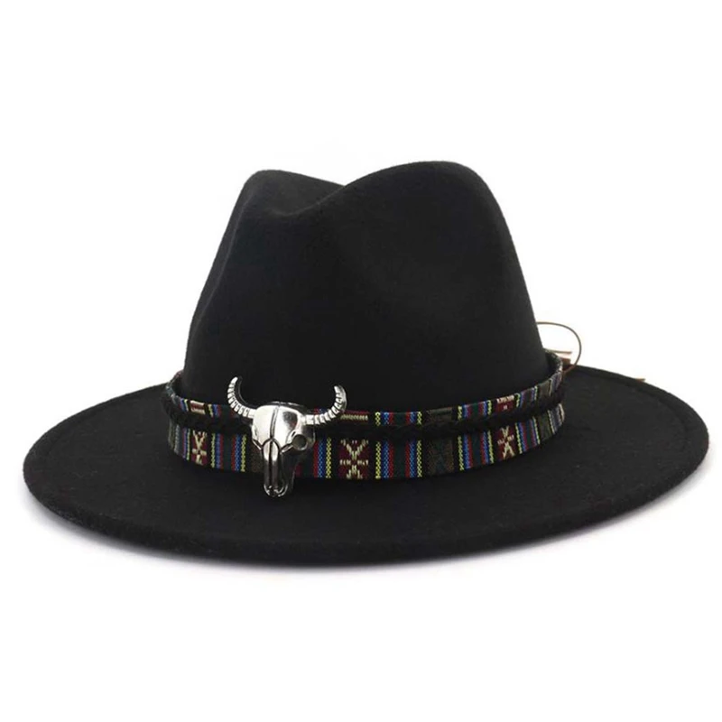 Ретро ковбойская шляпа для женщин мужчин зима осень Джаз Конный сомбреро кепки - Цвет: HT2982BK