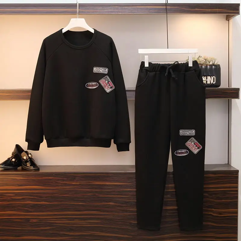 Черный New Plus Size 5Xl Women Pants Suit Two Pieces Set Long Sleeve Tops And Trousers Casual Big Size 4Xl Lady Thicken Tracksuit - Цвет: Черный