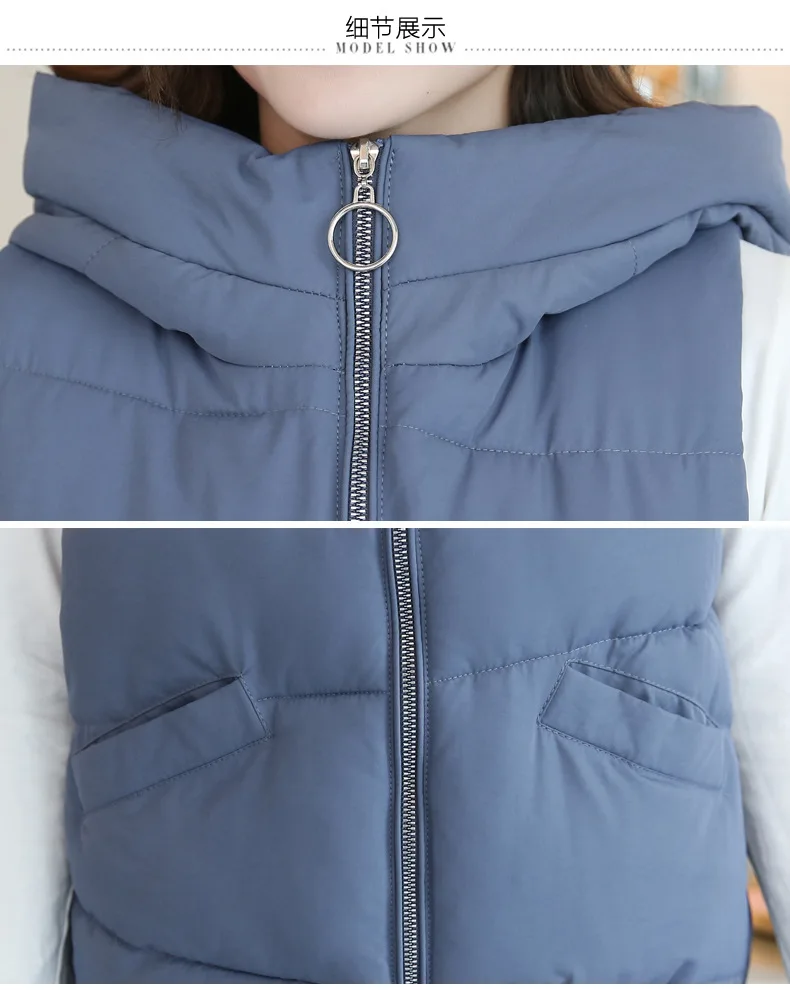 Lugentolo Women Vest Short Cotton Clothing Fashion Autumn and Winter Loose Solid Color Zipper Hooded Casual Vest Cotton Clothing