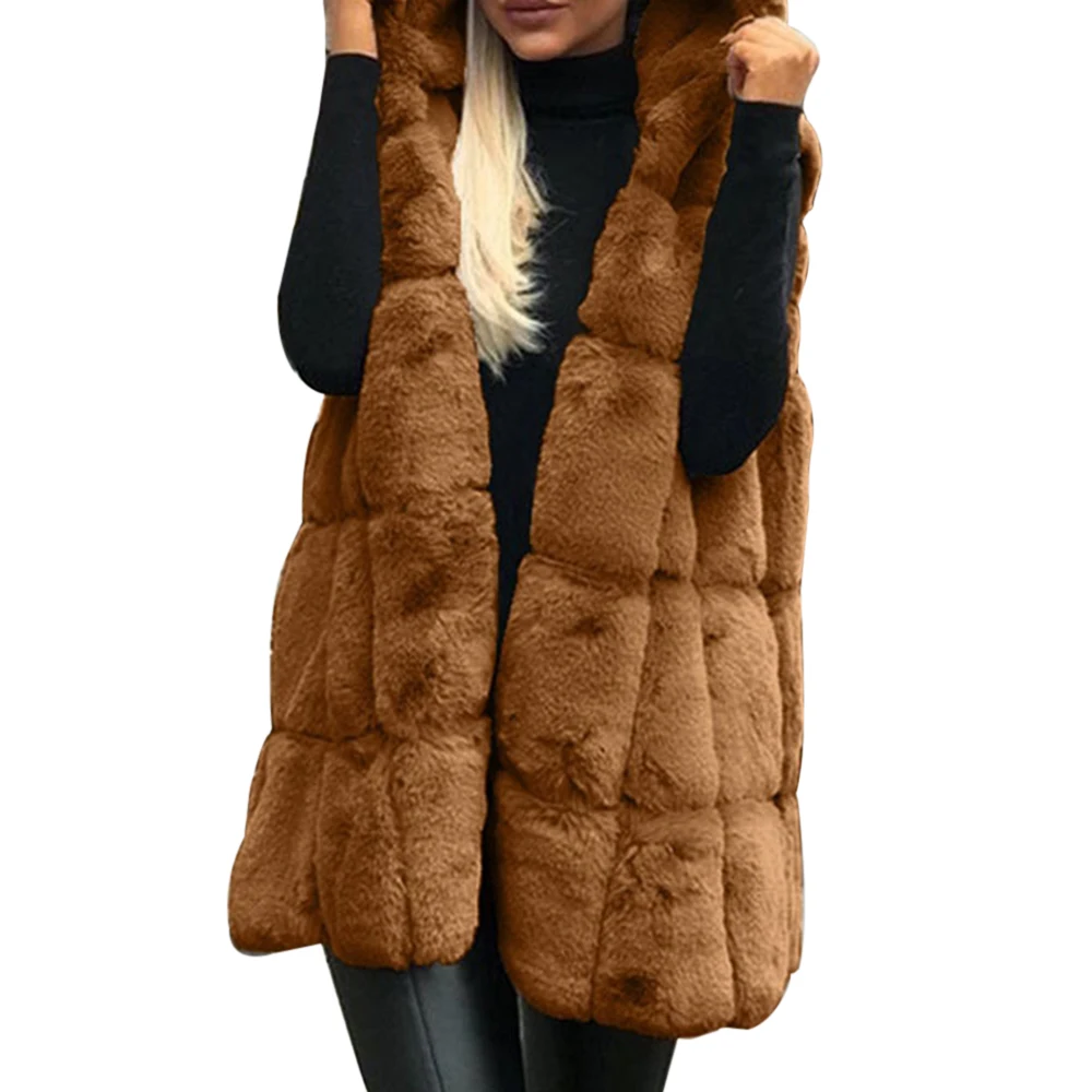 WENYUJH New Arrival Women Winter Vests Coats Faux Fur Gilet Vest Sleeveless Waistcoat Warm Femme Hooded Long Jacket Outwear - Цвет: Brown