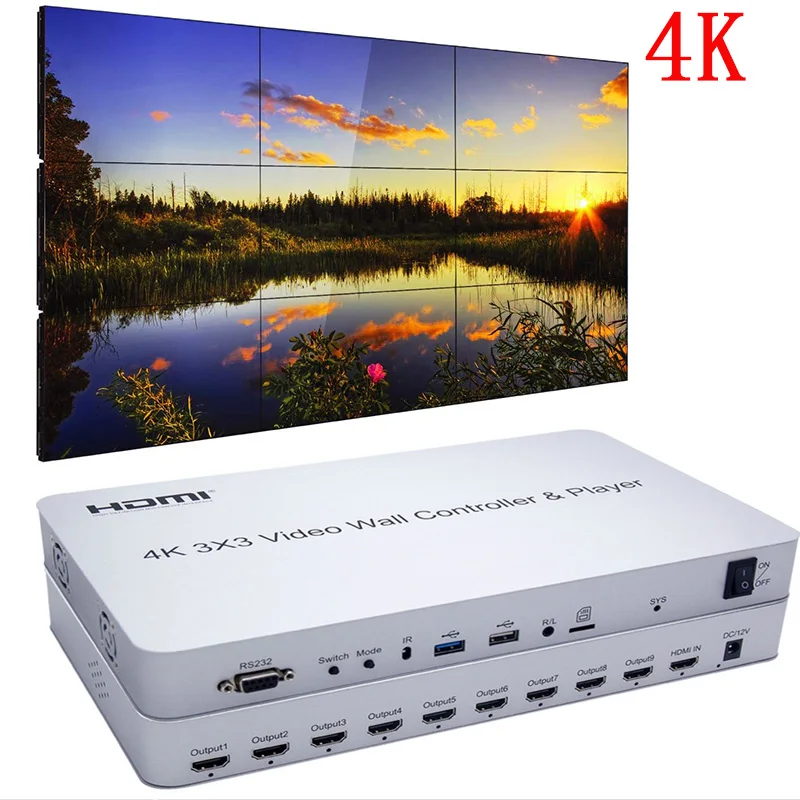 

4K 3x3 Video Wall Controller USB Player 1 HDMI Input & 9 Outputs13 Display Modes 2x2 2x3 2x4 3x2 3x3 4x1 4x2 Can Cascade 3x4 4x4